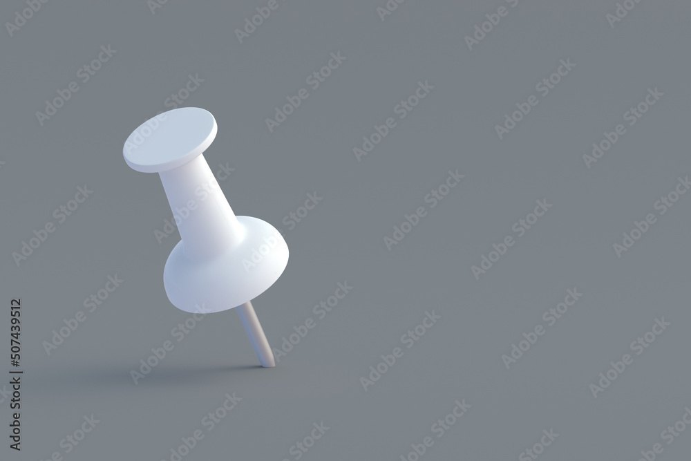 Push pin on gray background. Stationery tools. Office equipment. School education. 3d render Push pin on gray background. Stationery tools. Office equipment. School education. 3d render