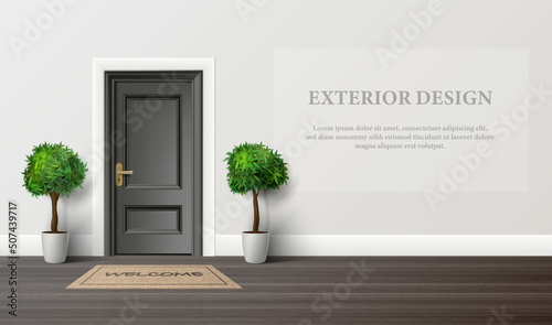 3d realistic vector illustration. House entrance door with floor plants. Modern exterior design. 