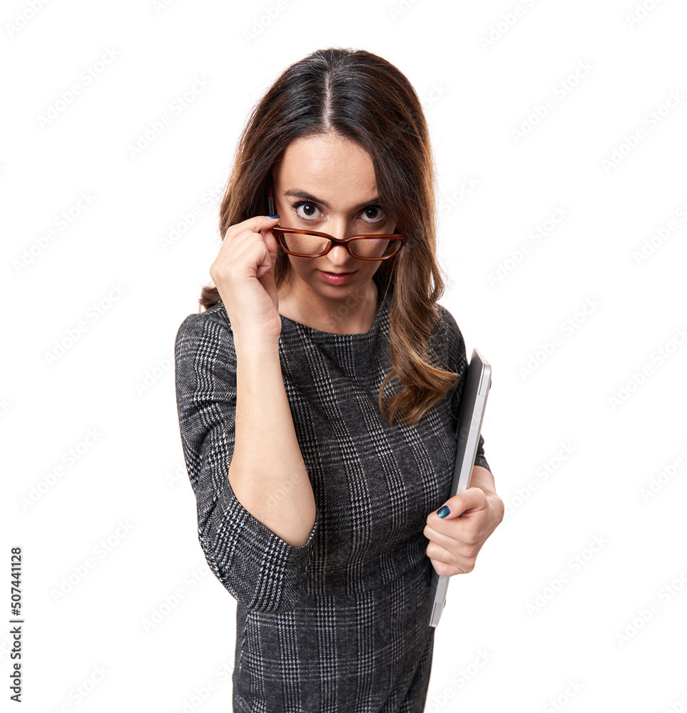Suspicious businesswoman with glasses and laptop Suspicious businesswoman with glasses and laptop