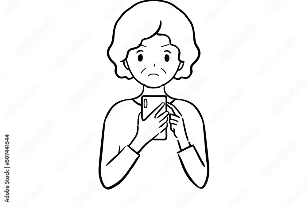 スマホを見て怒っているシニア女性のモノクロ線画イラスト