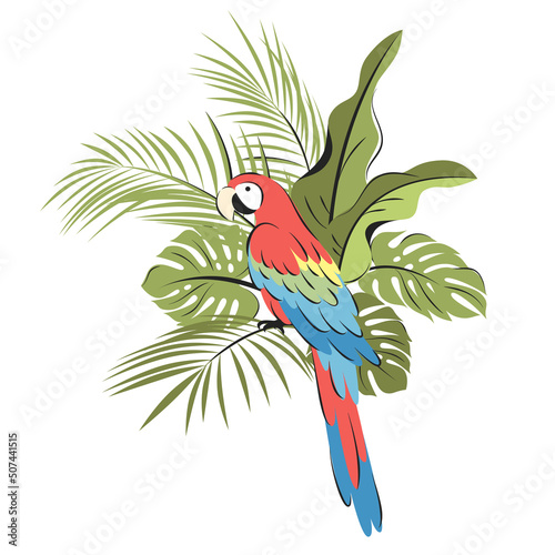 Cute cartoon parrot with different palm and monstera leaves in bright colors. Vector illustration 