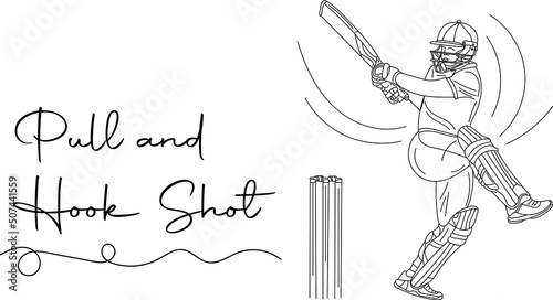 Cricket Logo, Cricket batsman vector, Sketch drawing of playing pull and hook shot in cricket match, line art silhouette of Pull and Hook Shot