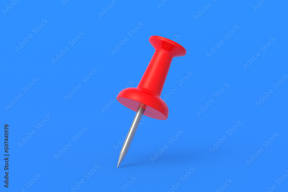 Red push pin on blue background. Stationery tools. Office equipment. School education. 3d render Red push pin on blue background. Stationery tools. Office equipment. School education. 3d render