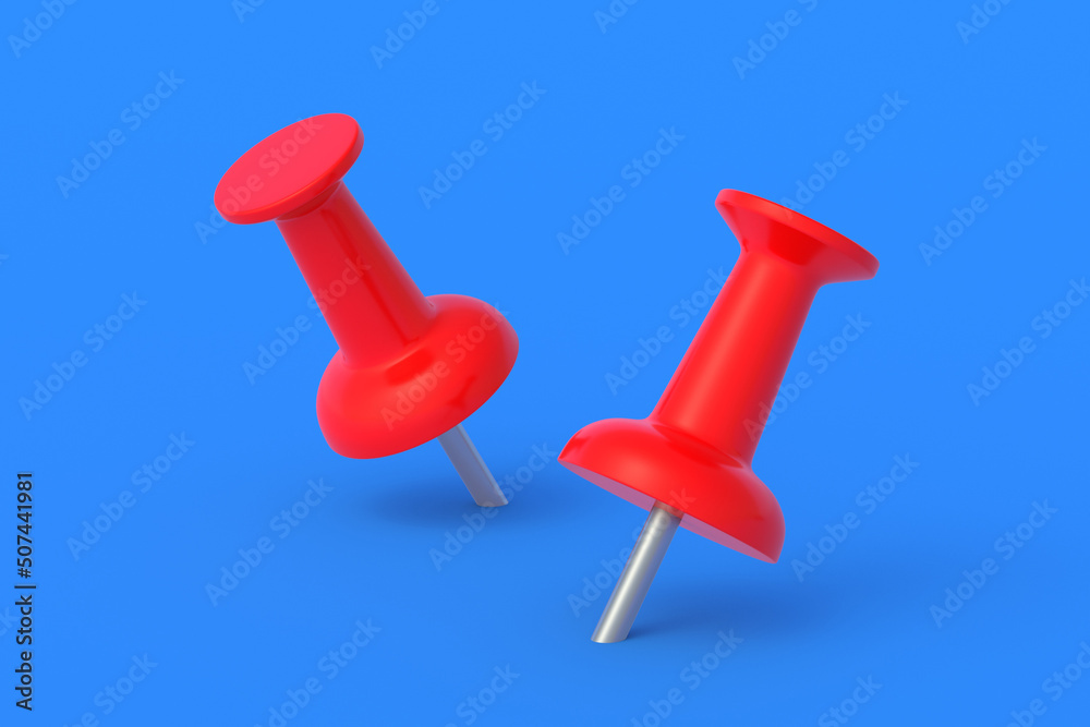 Push pins on blue background. Stationery tools. Office equipment. School education. 3d render Push pins on blue background. Stationery tools. Office equipment. School education. 3d render