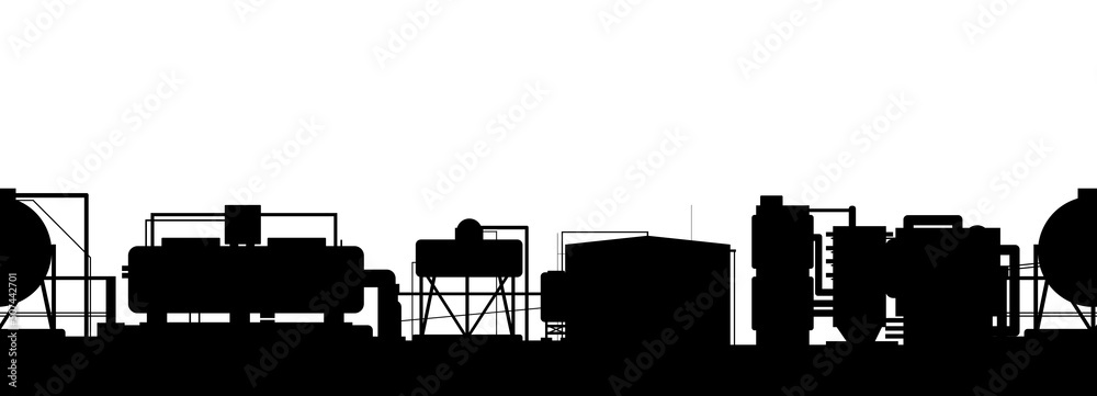 Factory chemical. Production plant. Silhouette of objects. Seamless horizontal composition. Industrial technical equipment. Isolated on white background. Modern technology enterprise. Vector