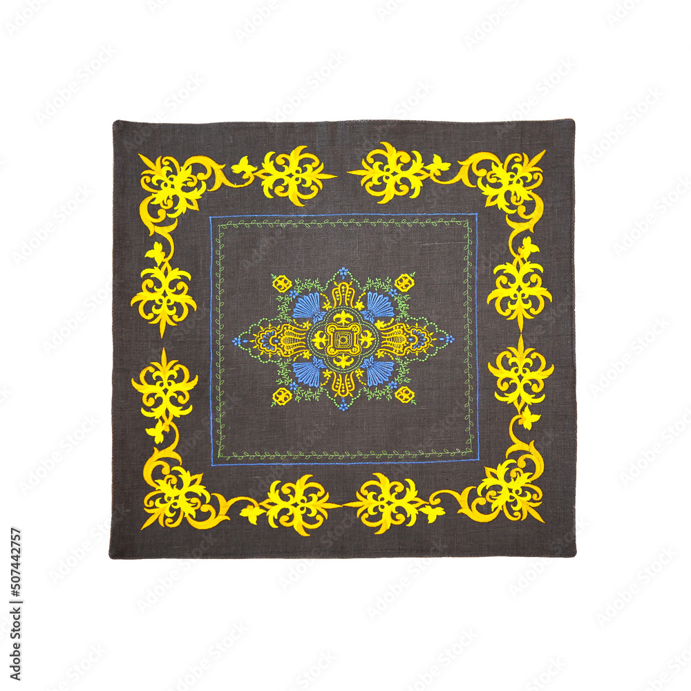 Decorative cushion cover in gray with beautiful, chic yellow embroidery. Isolate on white.