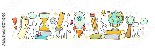 "Back to school" with stationery and launch rocket.