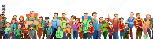 Man, women and child tourist backpacker. Backpack on his back. Cheerful person. Standing pose. Cartoon comic style flat design. Single character. Seamless Illustration isolated. Vector