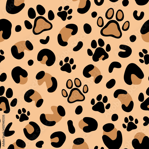 Leopard print with paw of dogs and cats. Cat paw pattern. Camouflage leopard vector seamless pattern on beige background. Leopard skin texture. Halloween pattern.