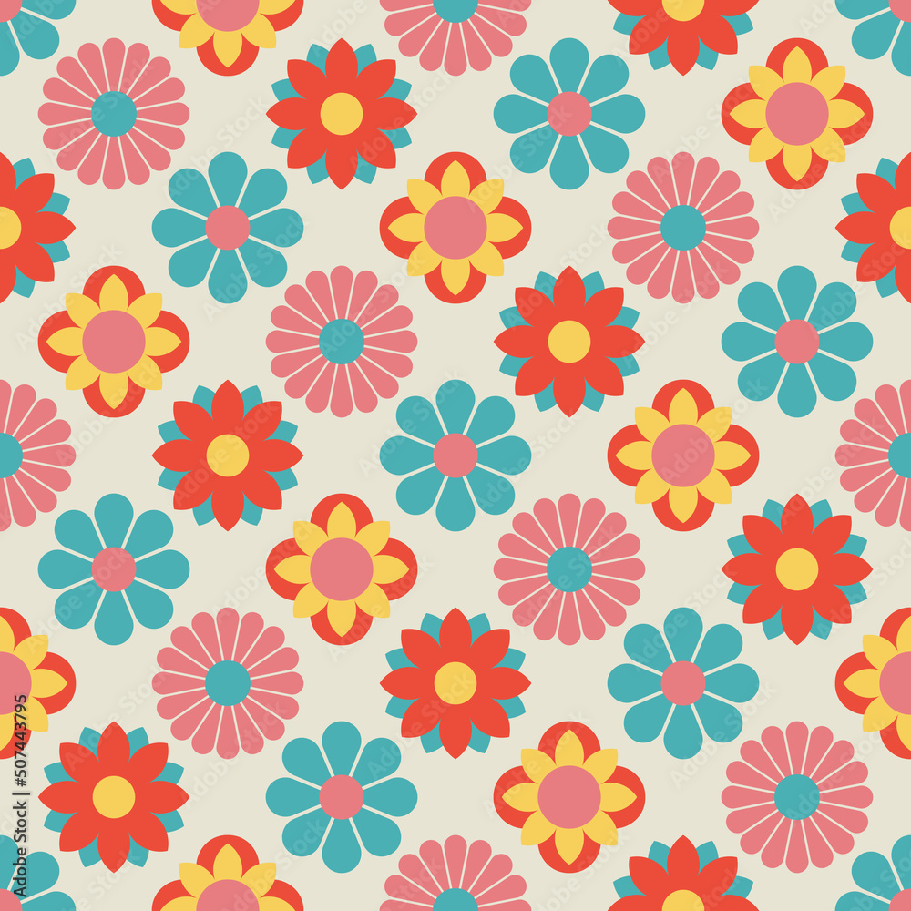 Cute flower power seamless pattern. Decorative retro minimal style floral background.