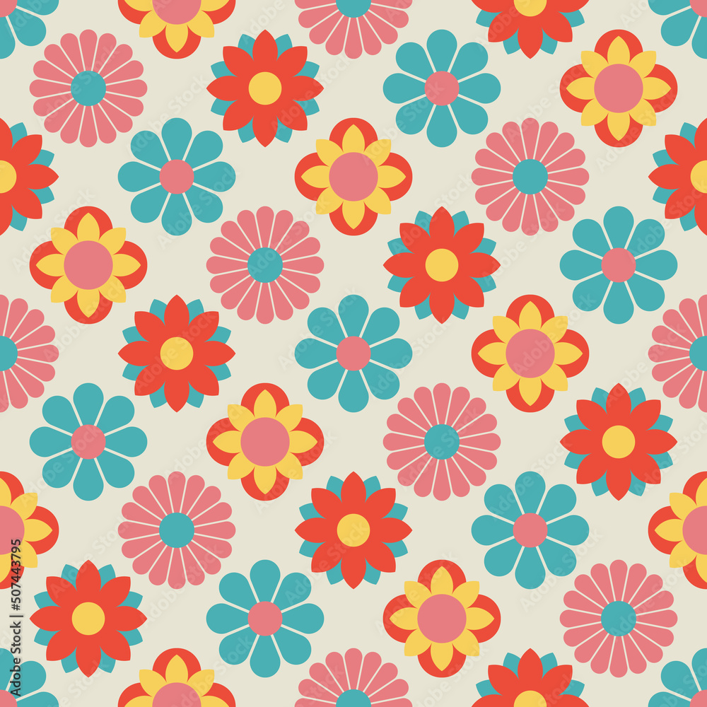 Naklejka premium Cute flower power seamless pattern. Decorative retro minimal style floral background.