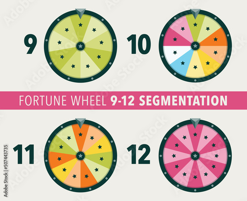 Collection of fortune wheel flat illustrations. 9, 10, 11 and 12 segmentation fortune wheel objects.