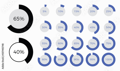Set of trendy circle infographic pie chart diagrams design elements with percentages.