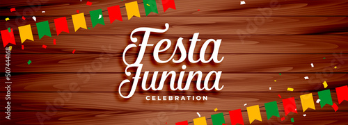 festa junina celebration banner with wooden background