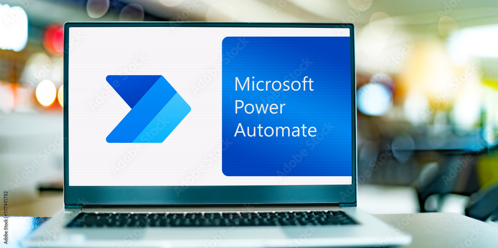 Laptop computer displaying logo of Microsoft Power Automate foto de ...