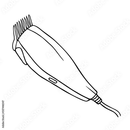 Electric clipper outline sketch isolated on white. Hair and beard cutting machine, black line doodle. Vector icon of professional hairdresser tool for hairdressing salon or barbershop concept.