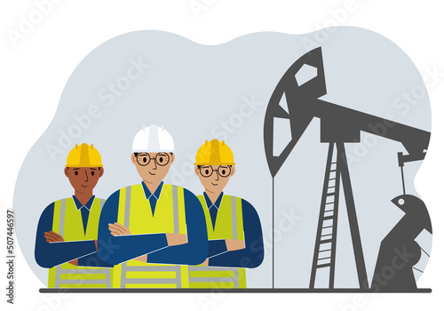 Oil refinery engineer. A male worker in front of a pumping unit for oil extraction, oil drilling and well repair.