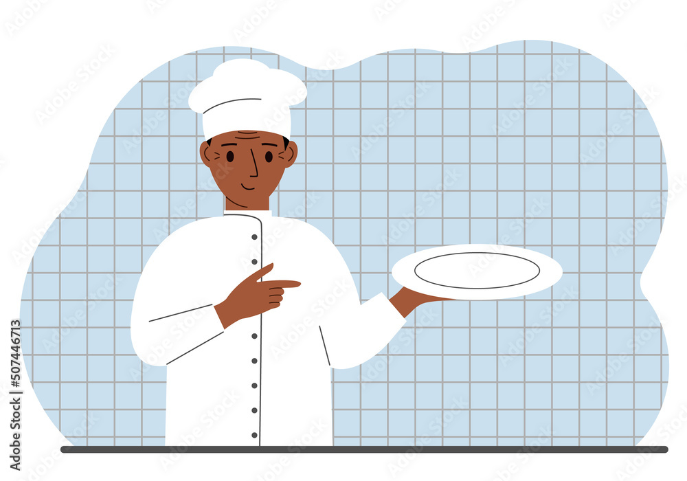 Happy cook in a cap holds an empty plate in his palm. Vector
