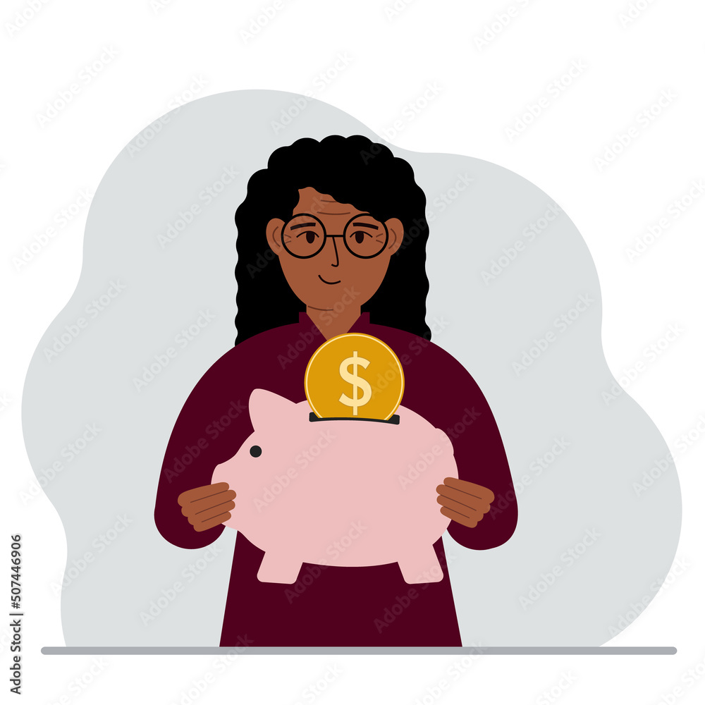 Naklejka premium Happy woman holds a piggy bank, a coin falls into the piggy bank. The concept of saving finance, savings, investing finances.