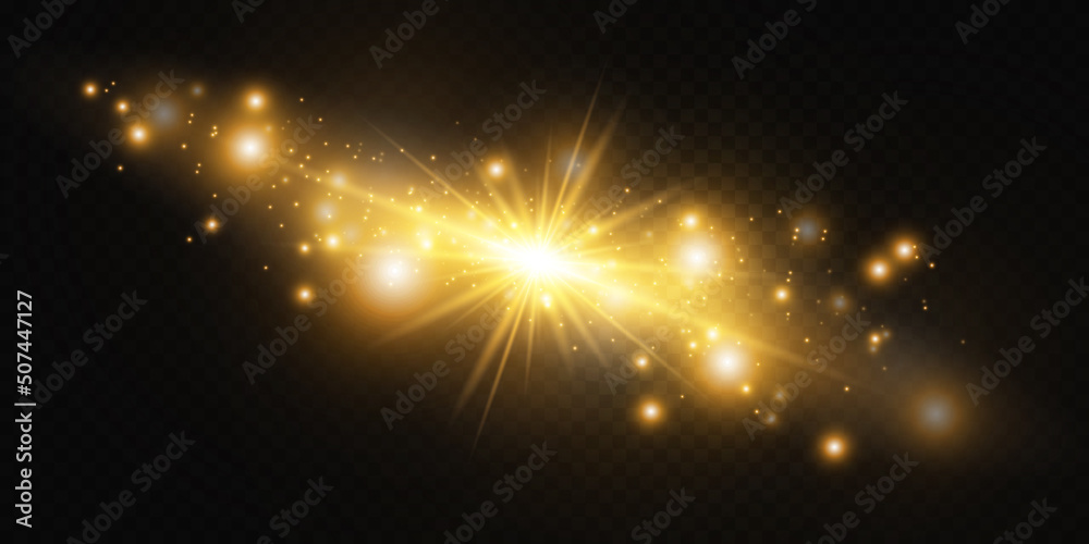Set glow light effect with white sparks and golden stars shine with special light.White glowing light. Star Light from the rays. The sun is backlit. Bright beautiful star. Sunlight. EPS10.
