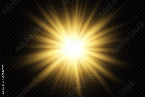 Set glow light effect with white sparks and golden stars shine with special light.White glowing light. Star Light from the rays. The sun is backlit. Bright beautiful star. Sunlight. EPS10. photo