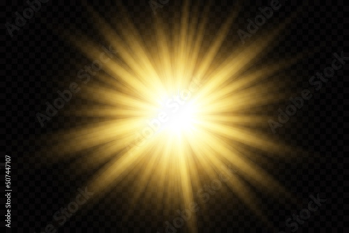 Set glow light effect with white sparks and golden stars shine with special light.White glowing light. Star Light from the rays. The sun is backlit. Bright beautiful star. Sunlight. EPS10.