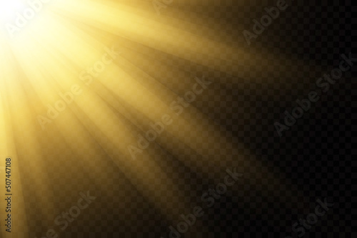 Set glow light effect with white sparks and golden stars shine with special light.White glowing light. Star Light from the rays. The sun is backlit. Bright beautiful star. Sunlight. EPS10.