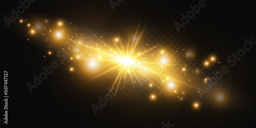 Set glow light effect with white sparks and golden stars shine with special light.White glowing light. Star Light from the rays. The sun is backlit. Bright beautiful star. Sunlight. EPS10.