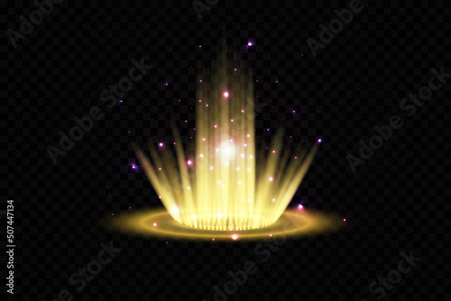 Magic fantasy portal. Futuristic teleport. Light effect. Blue candles rays of a night scene with sparks on a transparent background. Empty light effect of the podium. Disco club dancefloor.