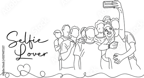 Selfie Lover logo, Selfie Lover vector, Sketch drawing of sports team group taking selfie, line art illustration of group of young people taking selfie