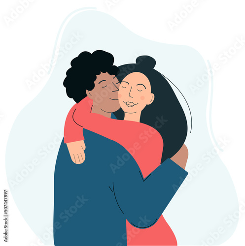 A man and a woman hugging each other. Interracial couple consept.  A black boyfriend. Vector illustration