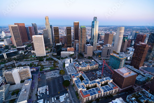 The downtown Los Angeles California and the city traffic at dusk