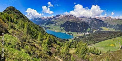 Panoramic view of lake davos. Fantastic mountains in spring. Hiking, trail running, mountain biking. Seehorn,Switzerland