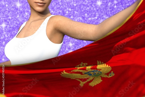 young woman holds Montenegro flag in front on the purple shining sparks background - flag concept 3d illustration