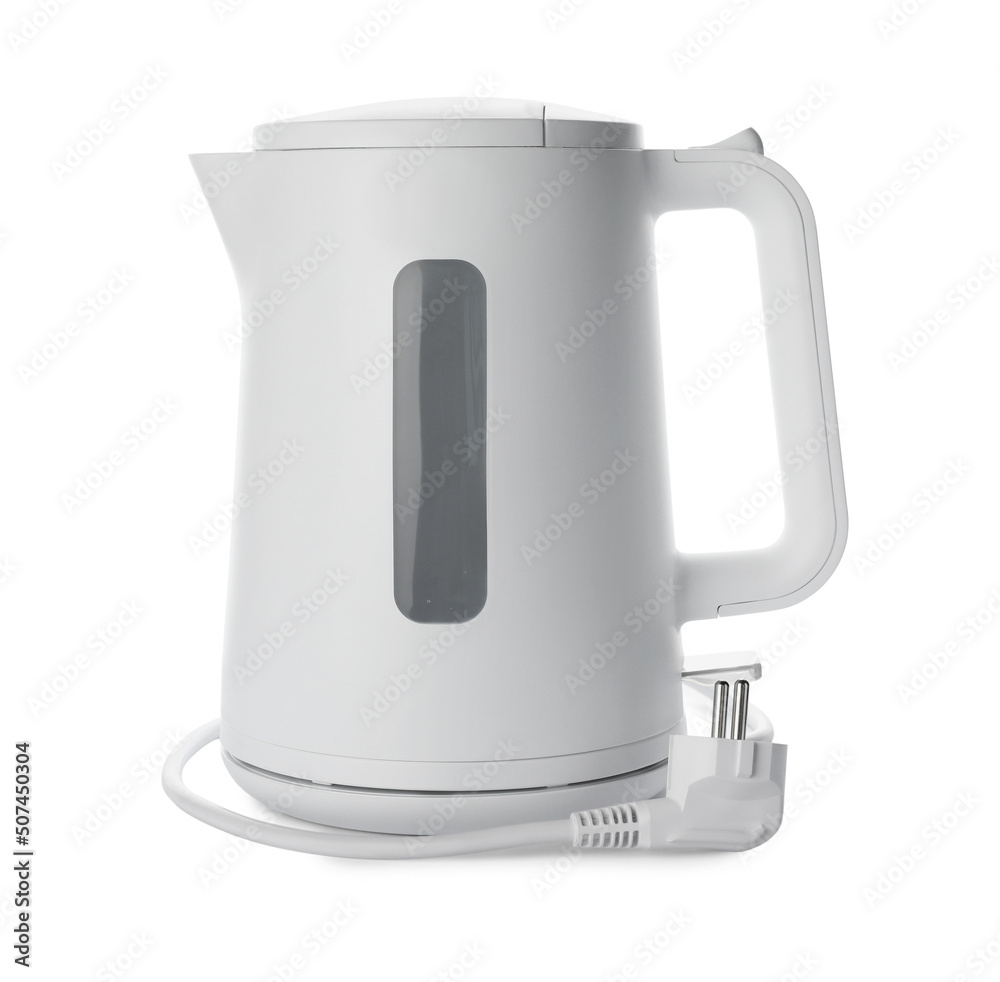 Modern electric kettle with base and plug isolated on white Modern electric kettle with base and plug isolated on white