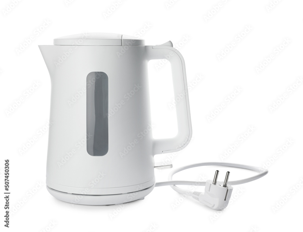 Modern electric kettle with base and plug isolated on white Modern electric kettle with base and plug isolated on white
