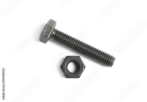 Metal bolt with nut on white background, top view