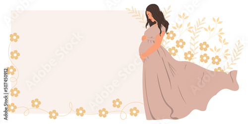 Frame with pregnant woman. Modern banner about pregnancy and motherhood.