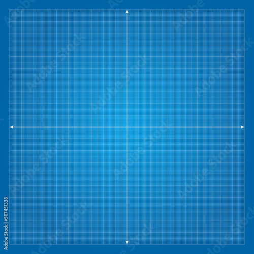 Vector illustration blue plotting graph paper grid isolated on blue background. Grid square graph line texture. Millimeter graph paper grid template. Cartesian coordinate system with x axis and y axis photo