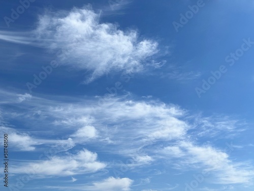 Blue sky with white clouds. Beautiful heaven in sunny day.