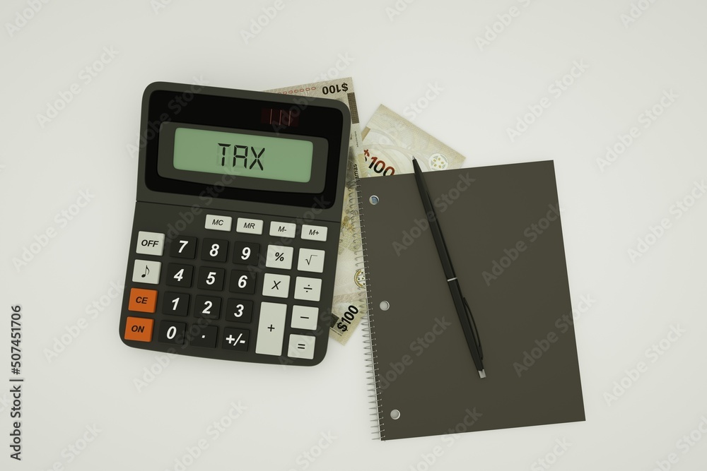 3D rendering of a composition of 100 Bahamian dollar notes, a calculator, a note book and a pen isolated on white background. Tax background design concept 3D rendering of a composition of 100 Bahamian dollar notes, a calculator, a note book and a pen isolated on white background. Tax background design concept