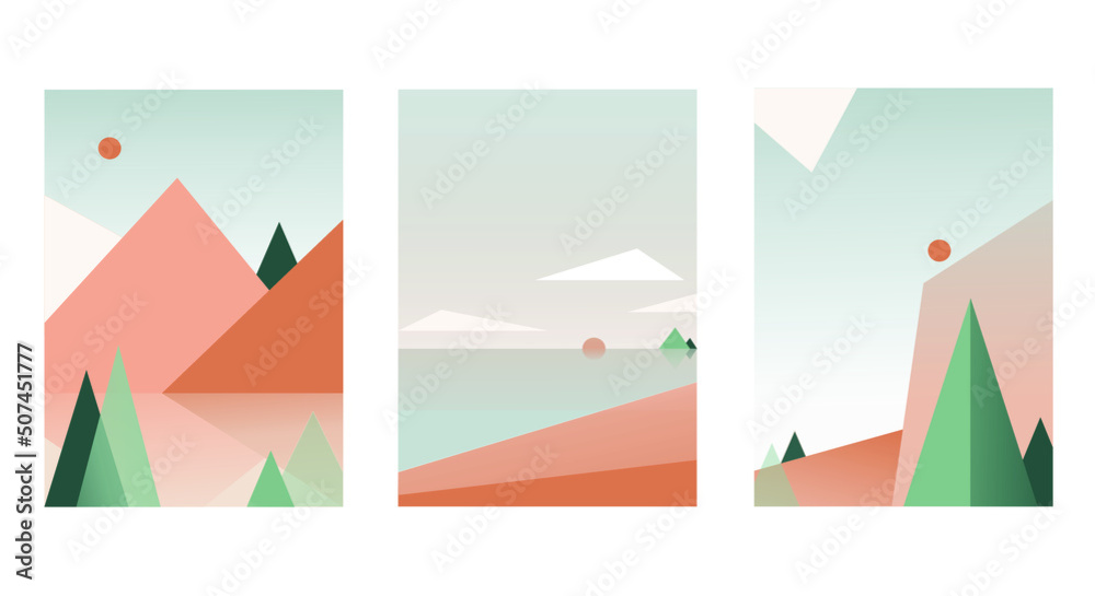 Set of vector posters. Landscape art in minimalist style, with sun and moon, sea and ocean, mountains and forest. Modern contemporary art design for acrylic canvas, digital print, wallpaper, posters.