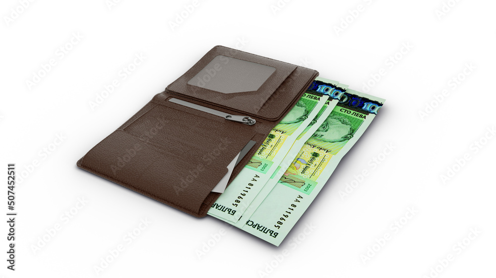 3D rendering of 100 Bulgarian lev notes in wallet 3D rendering of 100 Bulgarian lev notes in wallet