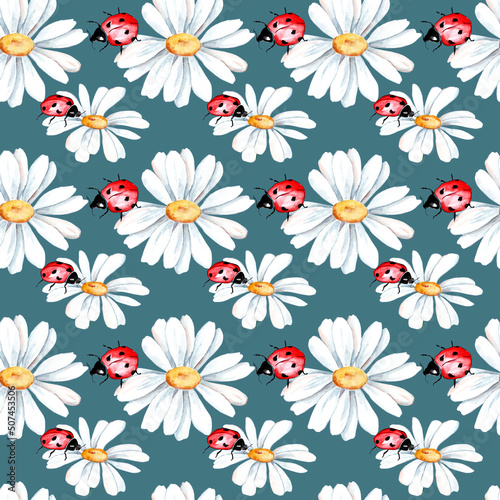 Watercolor calm background. Creative floral print with chamomile flowers and ladybug on a blue background. Perfect summer template for fashion design, textile
