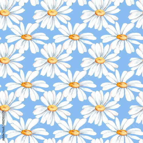 Watercolor calm background. Creative floral print with chamomile flowers, leaves in hand drawn style blue background. Perfect spring/summer template for fashion design, textile.