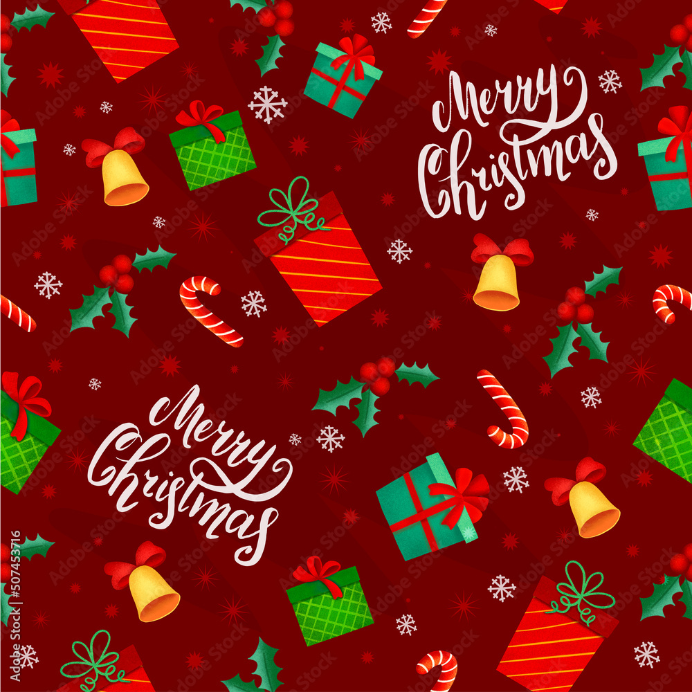 seamless christmas pattern template with cartoon style santa claus, gifts and greeting lettering. for wrapping paper, textiles, themed decor