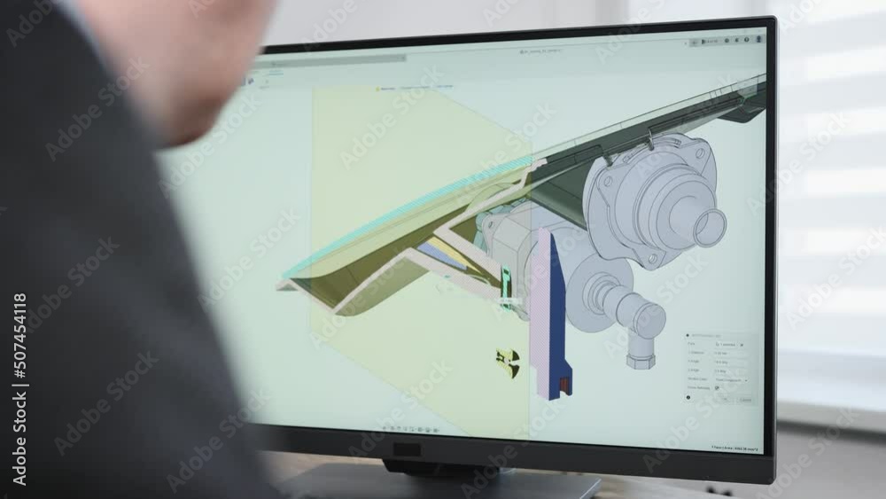 An unrecognizable man develops the design of a part. An engineer works ...