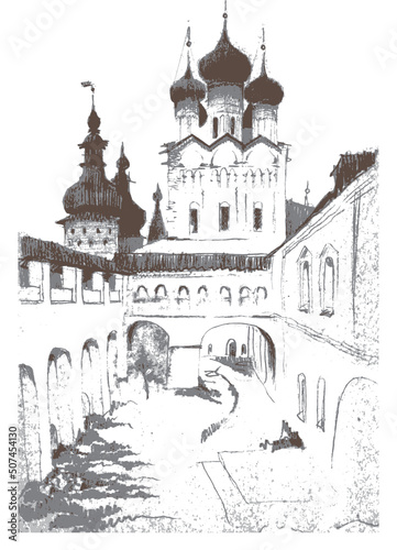 Landscape with architectural ensemble of the Rostov Kremlin, Russia. Monochrome pencil drawing, vector traced
