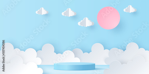 Vector 3d blue cylinder podium with abstract scene of blue sky, sun, and clouds in paper art style. Pastel background for product display, advertising, banner.