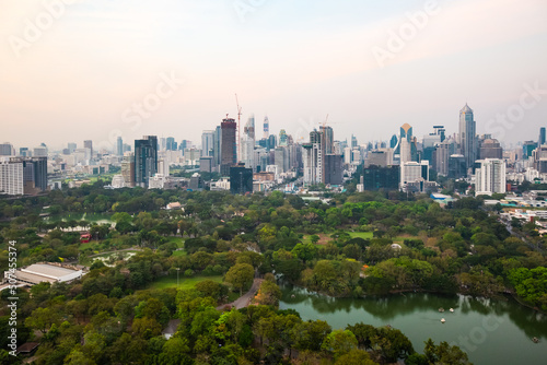 Beautiful aerial view of the skyline of Bangkok with Lumphini Park